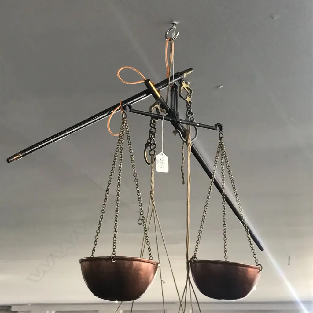 2 CHINESE STYLE BEAM SCALES & TWIN COPPER PAN BEAM BALANCE Image 1++